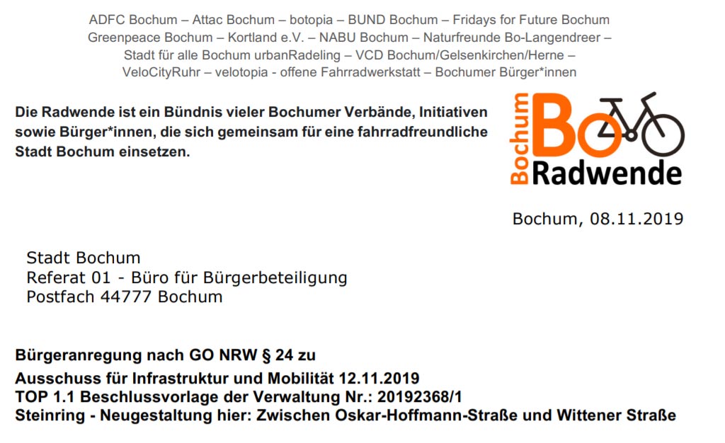 Radwende Bochum lehnt Beschlussvorlage für die Kreuzung Steinring ab