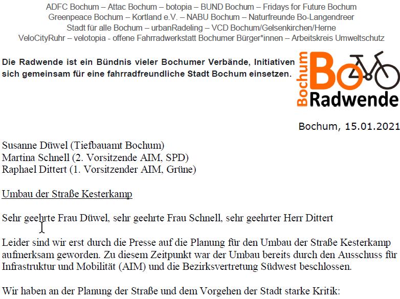 Offener Brief zum Umbau der Straße Kesterkamp